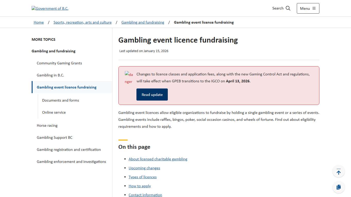 Gambling event licence fundraising - Province of British Columbia